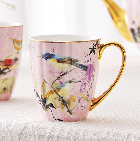 Elegant Pink Ceramic Coffee Mug, Beautiful Bird Flower Ceramic Mug, Large Creative Bone China Porcelain Mug, Large Capacity Ceramic Mugs for Office-LargePaintingArt.com