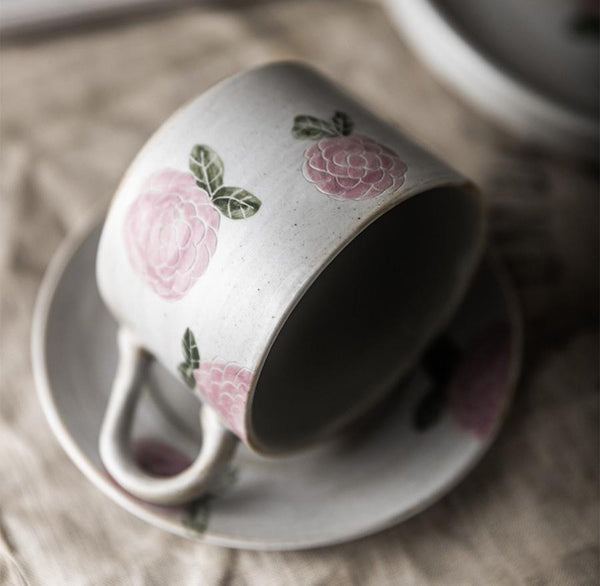 Cappuccino Coffee Mug, Rose Flower Pattern Coffee Cup, Tea Cup, Pottery Coffee Cups, Coffee Cup and Saucer Set-LargePaintingArt.com