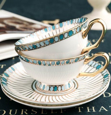 Unique Tea Cup and Saucer in Gift Box, Elegant British Ceramic Coffee Cups, Bone China Porcelain Tea Cup Set for Office, Green Ceramic Cups-LargePaintingArt.com