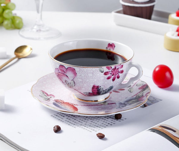 Elegant Ceramic Coffee Cups, Creative Bone China Porcelain Tea Cup Set, Unique Porcelain Cup and Saucer, Beautiful British Flower Tea Cups-LargePaintingArt.com