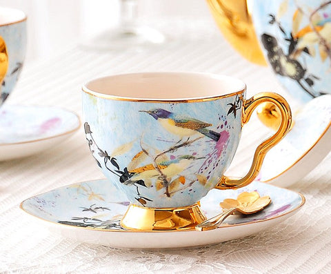 Elegant Ceramic Coffee Cups, Unique Bird Flower Tea Cups and Saucers in Gift Box as Birthday Gift, Beautiful British Tea Cups, Royal Bone China Porcelain Tea Cup Set-LargePaintingArt.com