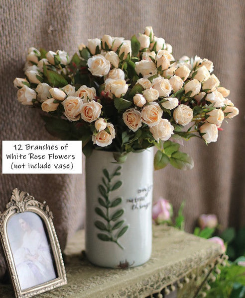Wedding Artificial Flowers, 12 Branches of White Rose Flowers, White Rose Flower in Vase, Real Touch Flowers, Simple Flower Arrangement Ideas for Home Decoration-LargePaintingArt.com