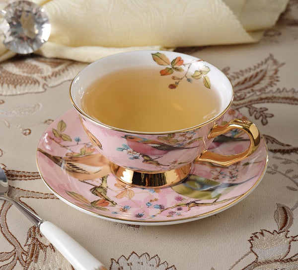 Elegant Ceramic Coffee Cups, Beautiful British Tea Cups, Bird Bone China Porcelain Tea Cup Set, Tea Cups and Saucers in Gift Box as Birthday Gift-LargePaintingArt.com