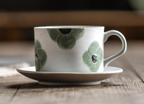 Cappuccino Coffee Cup, Spring Flower Coffee Cup, Rustic Tea Cup, Pottery Coffee Cups, Coffee Cup and Saucer Set-LargePaintingArt.com