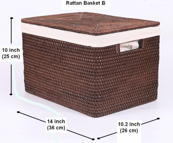 Storage Baskets for Bathroom, Rectangular Storage Baskets, Storage Basket with Lid, Storage Baskets for Clothes, Large Brown Rattan Storage Baskets-LargePaintingArt.com