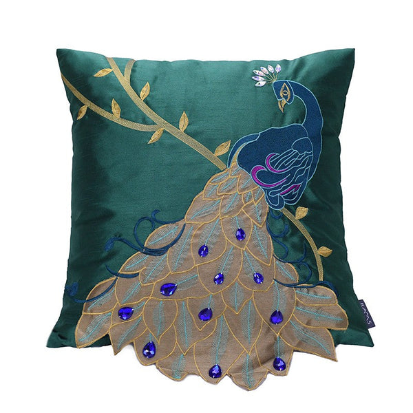Decorative Sofa Pillows, Decorative Pillows for Couch, Beautiful Decorative Throw Pillows, Green Embroider Peacock Cotton and linen Pillow Cover-LargePaintingArt.com