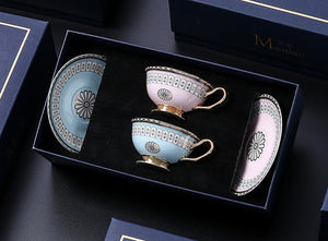 Royal Blue and Pink Bone China Porcelain Tea Cup Set, Tea Cups and Saucers in Gift Box, Elegant Ceramic Coffee Cups, Beautiful British Tea Cups-LargePaintingArt.com