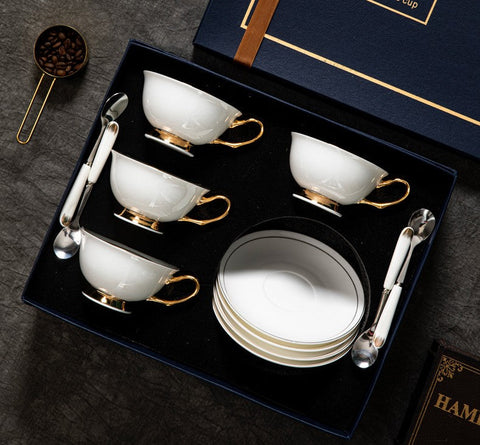 Bone China Porcelain Tea Cup Set, White Ceramic Cups, Elegant British Ceramic Coffee Cups, Unique Tea Cup and Saucer in Gift Box-LargePaintingArt.com