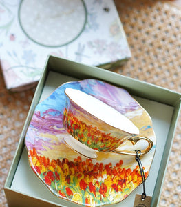 Elegant Ceramic Coffee Cups, Flower Field Vintage Bone China Porcelain Tea Cup Set, Unique British Tea Cup and Saucer in Gift Box, Royal Ceramic Cups-LargePaintingArt.com