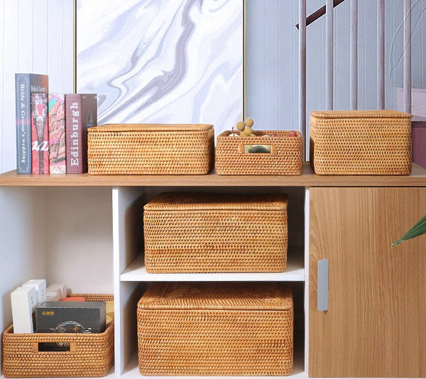 Extra Large Woven Rattan Storage Basket for Bedroom, Rattan Storage Baskets, Rectangular Woven Basket with Lid, Storage Baskets for Shelves-LargePaintingArt.com