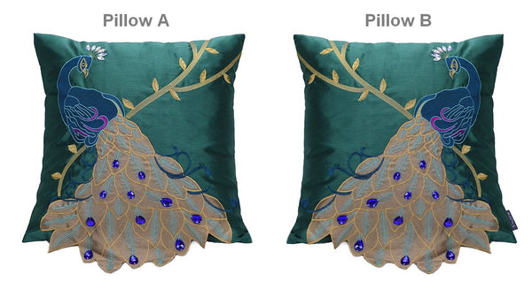 Decorative Sofa Pillows, Decorative Pillows for Couch, Beautiful Decorative Throw Pillows, Green Embroider Peacock Cotton and linen Pillow Cover-LargePaintingArt.com