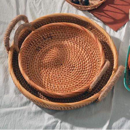 Rattan Storage Basket with Handle, Small Storage Baskets, Round Straoge Basket, Woven Storage Baskets for Kitchen-LargePaintingArt.com