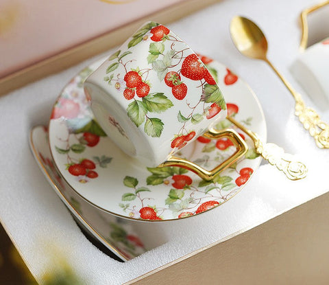 Strawberry Bone China Porcelain Tea Cup Set, Elegant Ceramic Coffee Cups, British Royal Ceramic Cups for Afternoon Tea, Unique Blue Tea Cup and Saucer in Gift Box-LargePaintingArt.com