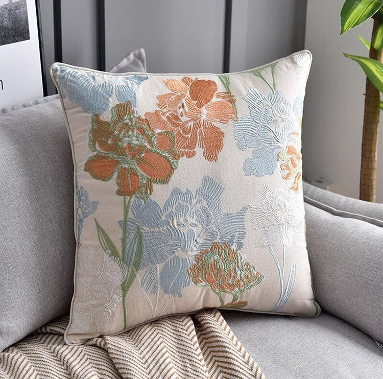 Decorative Sofa Pillows for Couch, Embroider Flower Cotton Pillow Covers, Cotton Flower Decorative Pillows, Farmhouse Decorative Pillows-LargePaintingArt.com