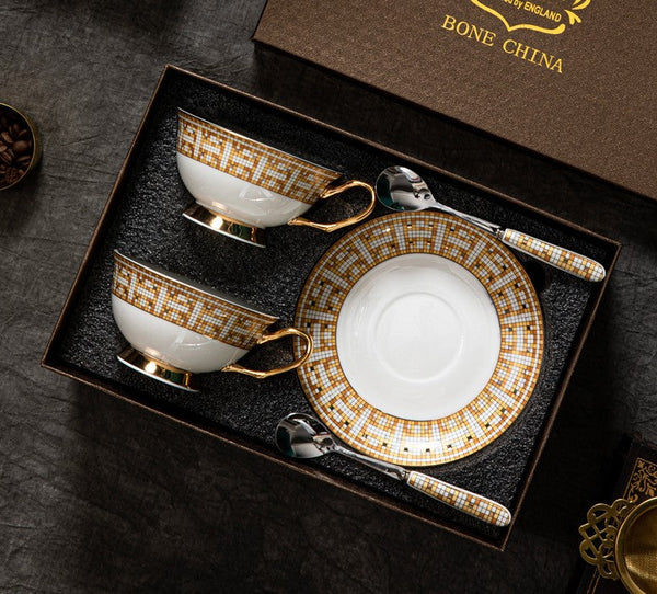 Handmade Elegant British Ceramic Coffee Cups, Unique Tea Cup and Saucer in Gift Box, Bone China Porcelain Tea Cup Set for Office, Yellow Ceramic Cups-LargePaintingArt.com