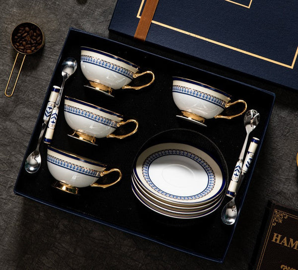 Elegant British Ceramic Coffee Cups, Unique British Tea Cup and Saucer in Gift Box, Blue Bone China Porcelain Tea Cup Set-LargePaintingArt.com
