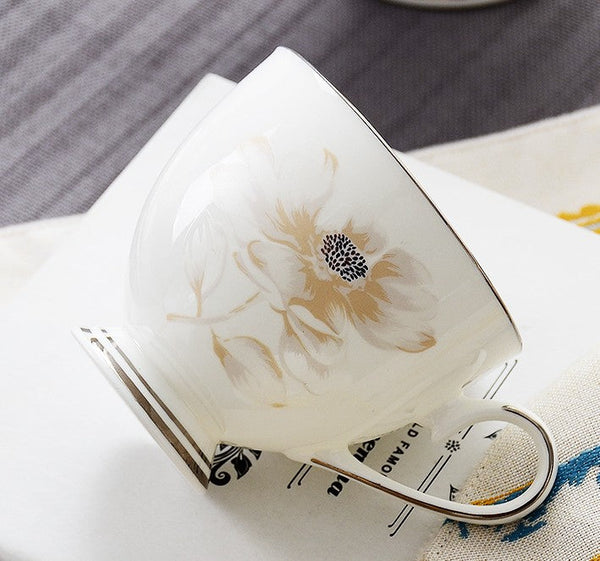 Elegant Flower Pattern Ceramic Coffee Cups, Beautiful British Tea Cups, Unique Porcelain Cup and Saucer, Creative Bone China Porcelain Tea Cup Set-LargePaintingArt.com