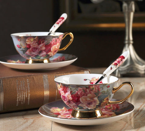 Ceramic Tea Cups and Saucers in Gift Box, Rose Flower Royal Bone China Porcelain Tea Cup Set, Elegant Ceramic Coffee Cups, Beautiful British Tea Cups-LargePaintingArt.com