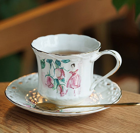Elegant British Tea Cups, Beautiful Bone China Porcelain Tea Cup Set, Traditional English Tea Cups and Saucers, Unique Ceramic Coffee Cups-LargePaintingArt.com