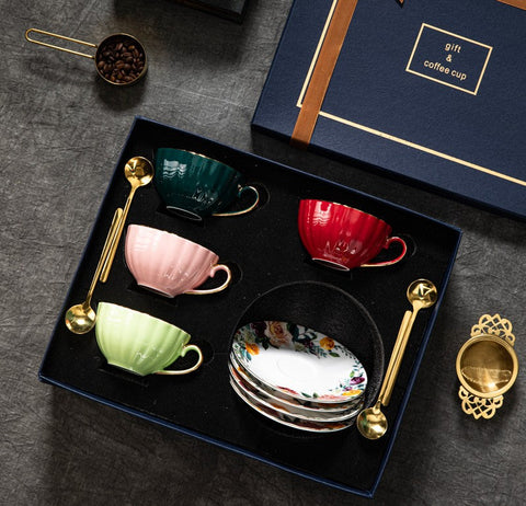 Beautiful British Tea Cups, Creative Bone China Porcelain Tea Cup Set, Elegant Ceramic Coffee Cups, Unique Tea Cups and Saucers in Gift Box-LargePaintingArt.com