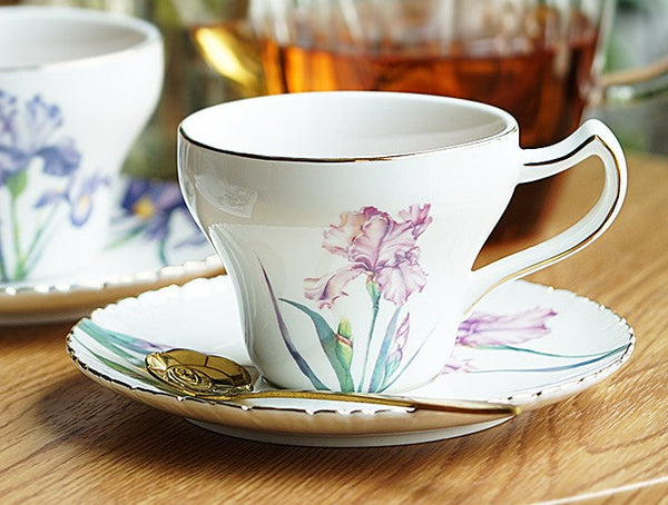 Iris Flower British Tea Cups, Beautiful Bone China Porcelain Tea Cup Set, Traditional English Tea Cups and Saucers, Unique Ceramic Coffee Cups in Gift Box-LargePaintingArt.com