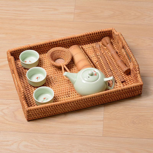 Rattan Bread Plate with Handle, Storage Baskets for Kitchen, Woven Storage Basket, Fruit Plate for Kitchen, Storage Baksets for Shelves-LargePaintingArt.com