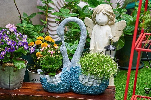 Large Mother and Baby Swans for Garden, Swan Flowerpot, Animal Statue for Garden Courtyard Ornament, Villa Outdoor Decor Gardening Ideas-LargePaintingArt.com
