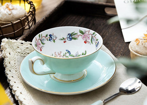 Elegant Sky Green Ceramic Cups, Unique Royal Coffee Cup and Saucer, Creative Bone China Porcelain Tea Cup Set, Beautiful British Tea Cups-LargePaintingArt.com