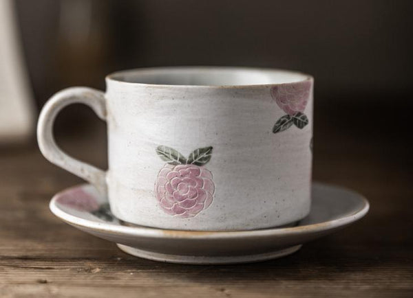 Cappuccino Coffee Mug, Rose Flower Pattern Coffee Cup, Tea Cup, Pottery Coffee Cups, Coffee Cup and Saucer Set-LargePaintingArt.com