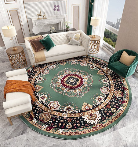 Large Modern Rugs under Piano, Royal Round Rugs in Living Room, Luxury Green Round Rugs under Coffee Table, Large Floor Carpets in Bedroom-LargePaintingArt.com