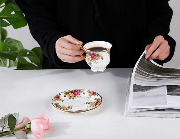 Beautiful British Flower Tea Cups, Unique Porcelain Cup and Saucer, Elegant Ceramic Coffee Cups, Creative Bone China Porcelain Tea Cup Set-LargePaintingArt.com