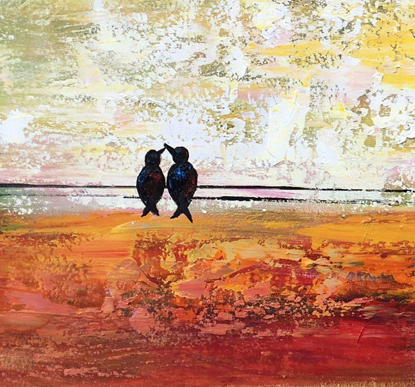 Bird at Wire Painting, Original Painting for Sale, Large Canvas Paintings, Simple Modern Painting, Love Birds Painting, Anniversary Gift-LargePaintingArt.com