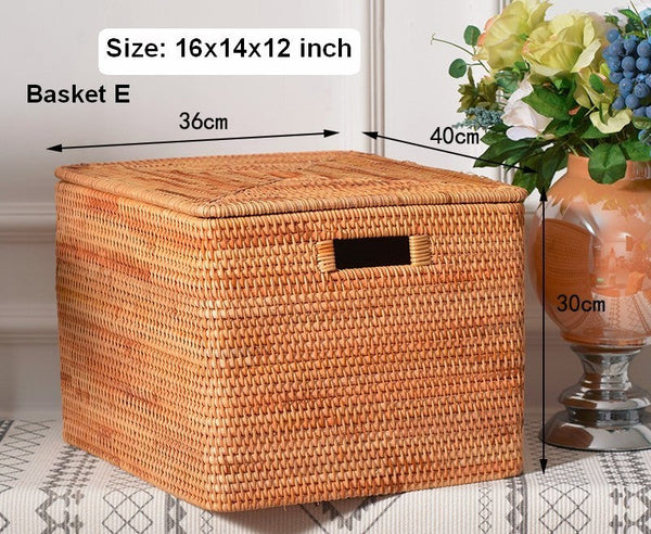 Square Storage Basket with Lid, Extra Large Storage Baskets for Clothes, Rattan Storage Basket for Shelves, Oversized Storage Baskets for Kitchen-LargePaintingArt.com