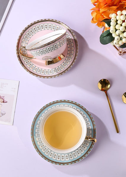 Royal Blue and Pink Bone China Porcelain Tea Cup Set, Tea Cups and Saucers in Gift Box, Elegant Ceramic Coffee Cups, Beautiful British Tea Cups-LargePaintingArt.com