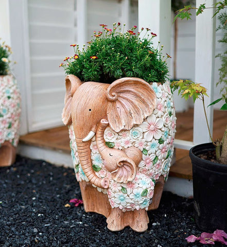 Beautiful Elephant Flowerpot, Modern Garden Flower Pot, Unique Animal Statue for Garden Ornaments, Resin Statue for Garden, Villa Outdoor Decor Gardening Ideas-LargePaintingArt.com