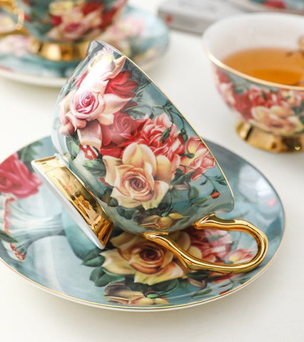 Large Rose Royal Ceramic Cups, Afternoon Bone China Porcelain Tea Cup Set, Unique Tea Cups and Saucers in Gift Box, Elegant Flower Ceramic Coffee Cups-LargePaintingArt.com