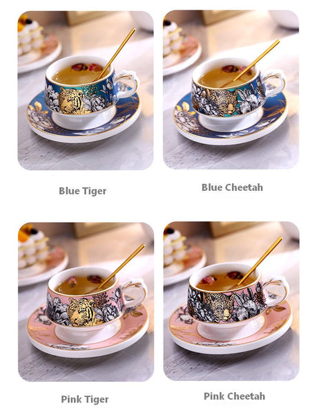 Handmade Ceramic Cups with Gold Trim and Gift Box, Jungle Tiger Cheetah Porcelain Coffee Cups, Creative Ceramic Tea Cups and Saucers-LargePaintingArt.com