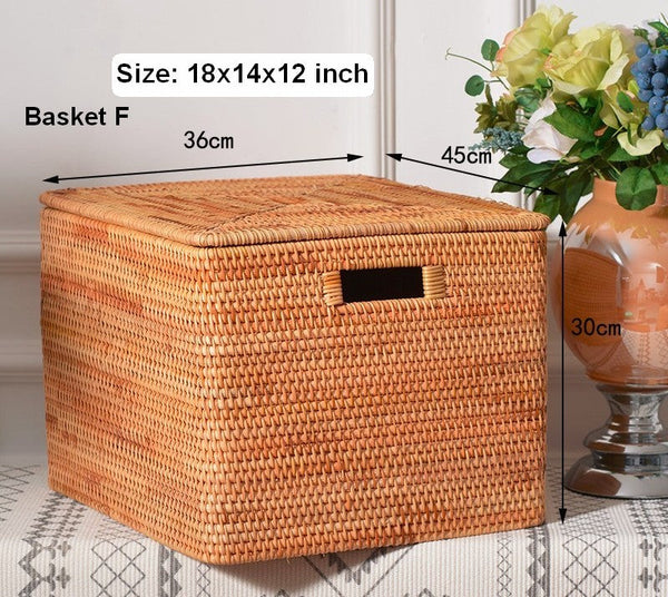 Oversized Rectangular Storage Basket with Lid, Woven Rattan Storage Basket for Shelves, Storage Baskets for Bedroom, Extra Large Storage Baskets for Clothes-LargePaintingArt.com