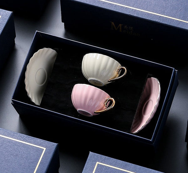 Macaroon Ceramic Coffee Cups, Unique Tea Cups and Saucers in Gift Box as Birthday Gift, Beautiful Elegant British Tea Cups, Creative Bone China Porcelain Tea Cup Set-LargePaintingArt.com