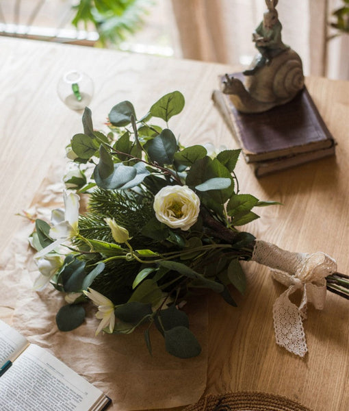Eucalyptus Globulus, Clematis, White Rose Flowers, Unique Flower Arrangement for Home Decoration, Beautiful Modern Artificial Flowers for Dining Room Table-LargePaintingArt.com