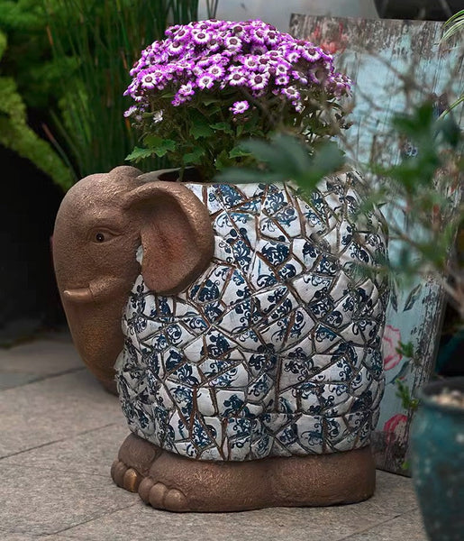 Large Garden Flower Pot, Elephant Flowerpot, Unique Garden Flowerpot, Resin Statue for Garden, Modern Animal Statue for Garden Ornaments, Villa Outdoor Decor Gardening Ideas-LargePaintingArt.com