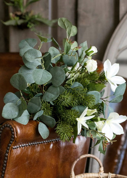 Eucalyptus Globulus, Clematis, White Rose Flowers, Unique Flower Arrangement for Home Decoration, Beautiful Modern Artificial Flowers for Dining Room Table-LargePaintingArt.com