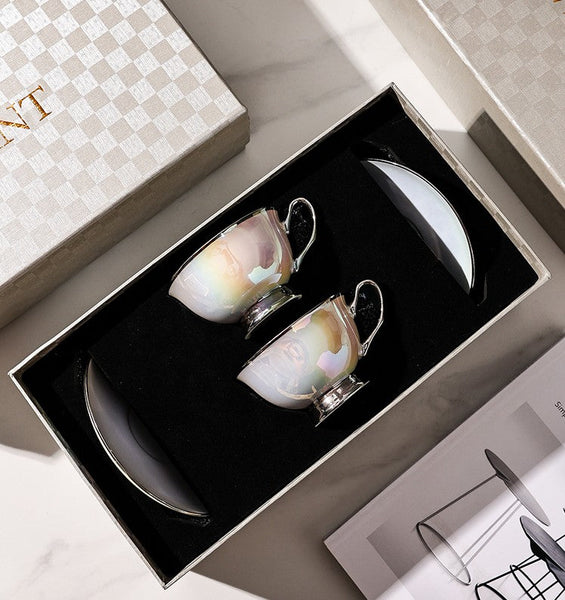 Silver Bone China Porcelain Tea Cup Set, Elegant Ceramic Coffee Cups, Beautiful British Tea Cups, Tea Cups and Saucers in Gift Box as Birthday Gift-LargePaintingArt.com