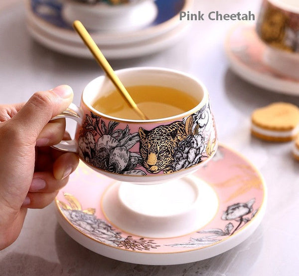 Jungle Tiger Cheetah Porcelain Tea Cups, Creative Ceramic Cups and Saucers, Unique Ceramic Coffee Cups with Gold Trim and Gift Box-LargePaintingArt.com
