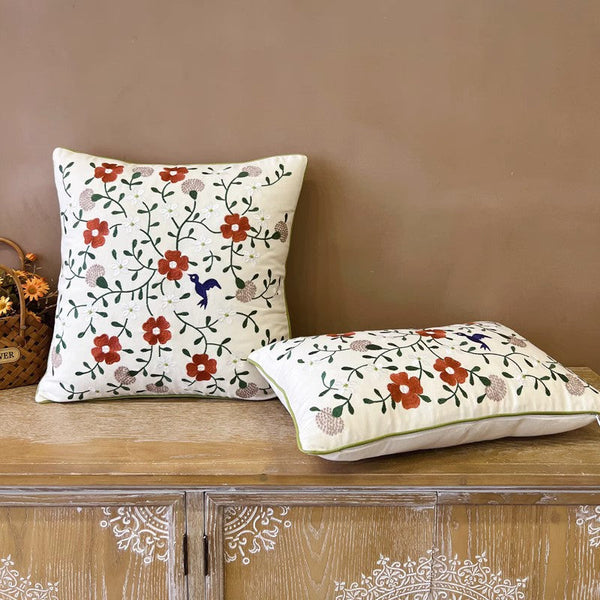 Bird Spring Flower Decorative Throw Pillows, Farmhouse Sofa Decorative Pillows, Embroider Flower Cotton Pillow Covers, Flower Decorative Throw Pillows for Couch-LargePaintingArt.com