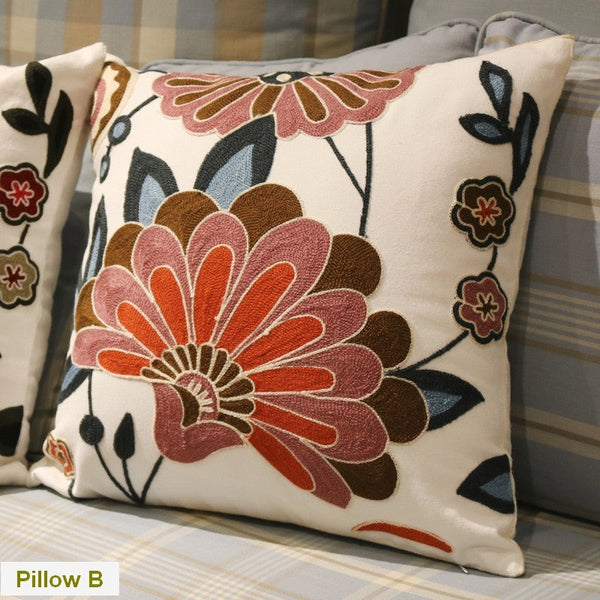 Sofa Decorative Pillows, Embroider Flower Cotton Pillow Covers, Flower Decorative Throw Pillows for Couch, Farmhouse Decorative Throw Pillows-LargePaintingArt.com