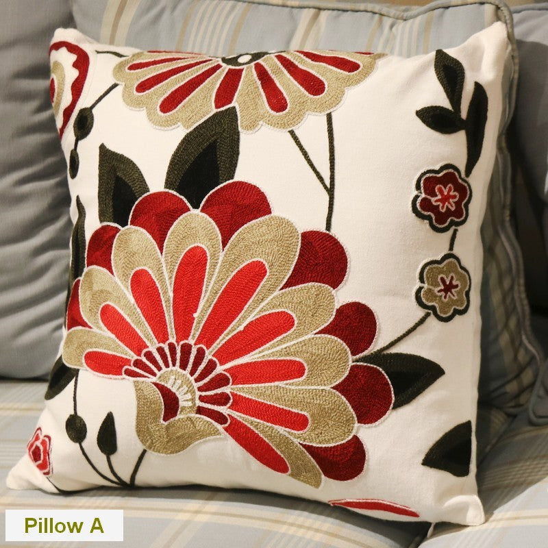 Sofa Decorative Pillows, Embroider Flower Cotton Pillow Covers, Flower Decorative Throw Pillows for Couch, Farmhouse Decorative Throw Pillows-LargePaintingArt.com