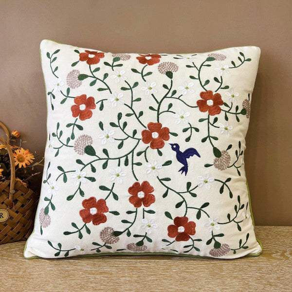 Bird Spring Flower Decorative Throw Pillows, Farmhouse Sofa Decorative Pillows, Embroider Flower Cotton Pillow Covers, Flower Decorative Throw Pillows for Couch-LargePaintingArt.com