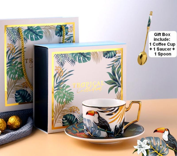 Coffee Cups with Gold Trim and Gift Box, Jungle Leopard Pattern Porcelain Coffee Cups, Tea Cups and Saucers-LargePaintingArt.com