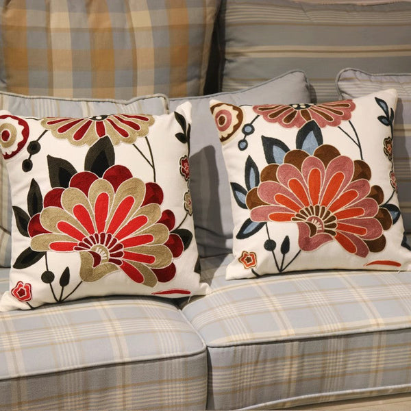 Decorative Pillows for Sofa, Flower Decorative Throw Pillows for Couch, Embroider Flower Cotton Pillow Covers, Farmhouse Decorative Throw Pillows-LargePaintingArt.com